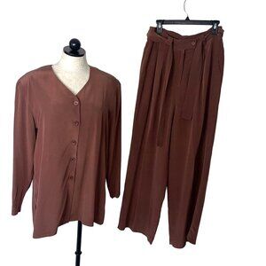 Braemar By Jeremy Scott Vintage Womens Pant Set Size 12 Brown Wide Leg Pure Silk